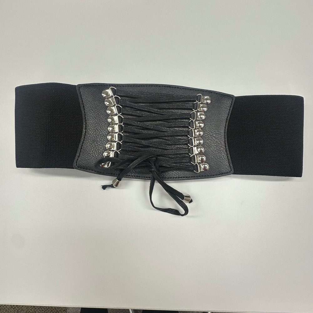 Womens Black Elastic Corset Belt Lace Up Faux Leather Cinch Waist Band Medium